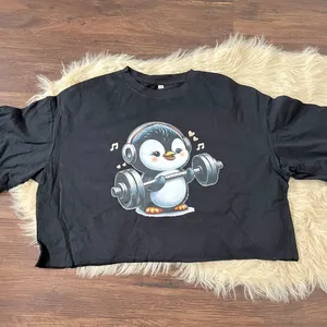 Weight Lifting Penguin Graphic Crop Top Cotton M Black Multi Workout Shirt thumbnail 2