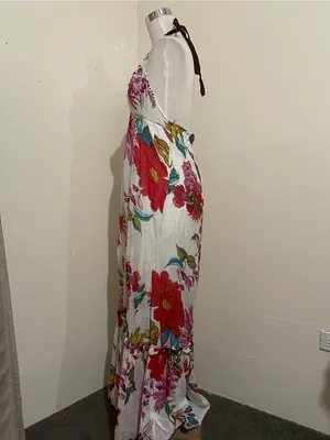 Boho Halter Maxi Dress in White with Multicolor Floral thumbnail 2