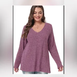 Belaroi plus size, ribbed V-neck, long-sleeve top in a mauve or purple-ish color thumbnail 3