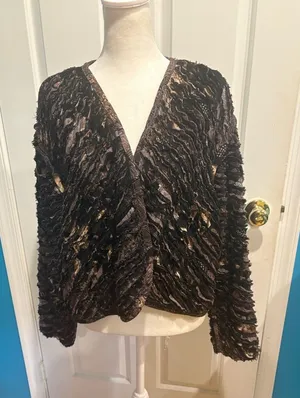 Art wear chenille double sided jacket giraffe elephant African print brown M L thumbnail 1