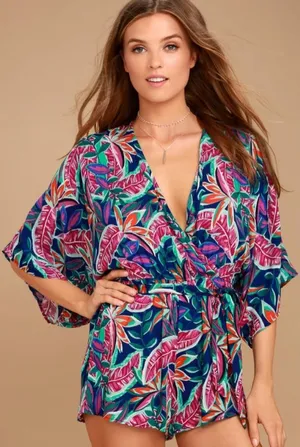 Lulu's Hipnotized Purple‎ Floral Tropical Patterned Romper Sz Medium Crackled thumbnail 1