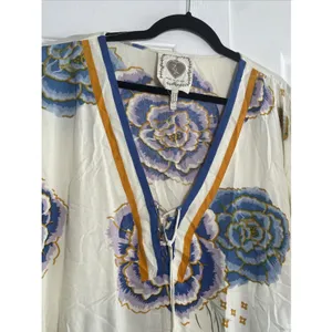ZL Made With Love Floral Kaftan Top Womens OS Cream Blue Boho Tassel Rayon OS thumbnail 4