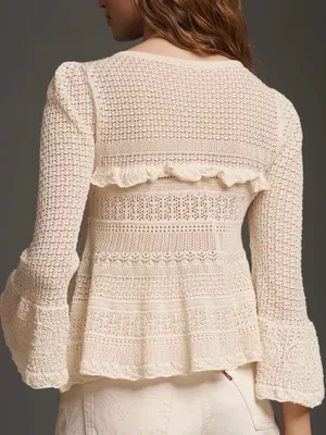 NWT Anthropologie Cream Crochet Knit Button-Front Sweater with Ruffle Trim thumbnail 4