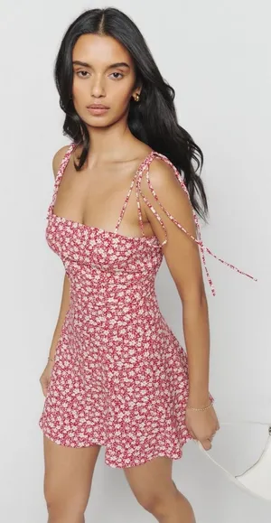 Reformation Presley Mini Dress Crimson Red Ditsy Floral Tie Strap NEW WOMENS 2 thumbnail 1