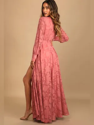 Lulus Kept Your Love Rose Pink Floral Jacquard Long Sleeve Maxi Dress Size XL thumbnail 2