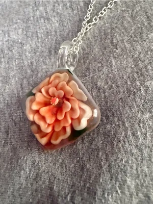 Glass Pendant Necklace with Peach Floral Accent thumbnail 2