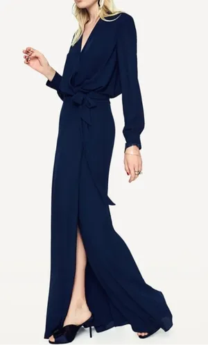 NWT Fame And Partners Long Sleeve Navy Blue Maxi Wrap Cocktail Ball Dress Size 4 thumbnail 1