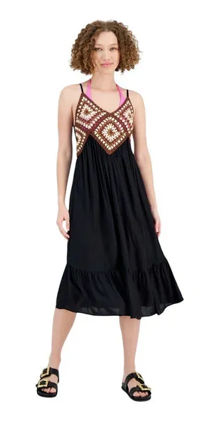 NWT Raviya Womens Crochet-Bodice Midi Dress Cover Up 76613 Black / Brown S thumbnail 1