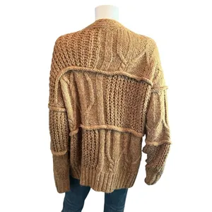 Leela & Lavender Oversized Tan Boyfriend Grandpa Cable Knit Cardigan Sweater L thumbnail 4