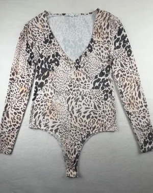 Steve Madden Leopard Print Bodysuit Long Sleeve V Neck Stretch Size M‎ thumbnail 1