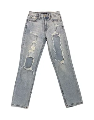 AERO Aeropostale Destroyed Stretch Blue Denim Straight Mom Jeans Size 000 thumbnail 1
