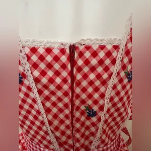 Red White Retro Gingham Checkered Lace Sleeveless Wing Hand Made Dress Sz S thumbnail 12