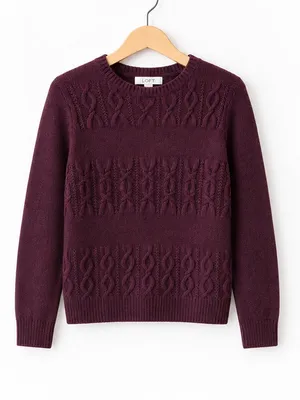 LOFT Burgundy Plum Crewneck Pullover Cable Knit Chunky Sweater Split Hem Medium thumbnail 4