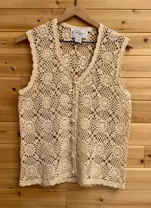 Vintage Chazzz Charles Ghailian Large Open Knit Crochet Button Front Vest Boho thumbnail 1