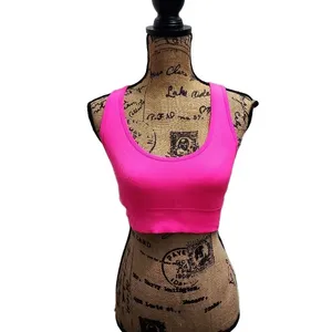 Womens Ribbed Crop Top Size L Neon Pink Scoop‎ Neck Ribbed Knit Athletic Casual thumbnail 3