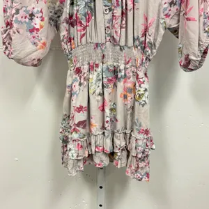 Here Comes the‎ Sun Floral Romper Small Pink Smocked Waist Ruffle Hem Small Boho thumbnail 4