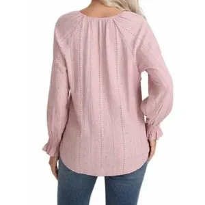 Frye Blush Pink Eyelet Peasant Boho Aztec Print Textured Buttons Blouse SZ L thumbnail 2