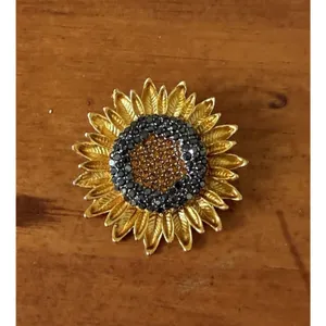 Sunflower Statement Brooch Gold Tone Black Amber Rhinestone Floral Flower Pin thumbnail 3