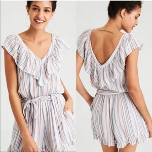 AMERICAN EAGLE V-Neck Ruffle Striped Romper thumbnail 2