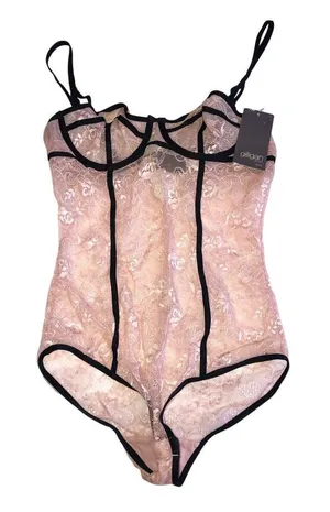 Coquette Pink Lace Bodysuit Contrast Black Piping Teddy Corset Top Y2K Dollette thumbnail 1