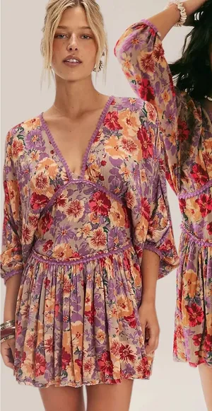 Free People Bohemian Sweet Dreams Mini Dress Lavender Floral Lace Medium thumbnail 1