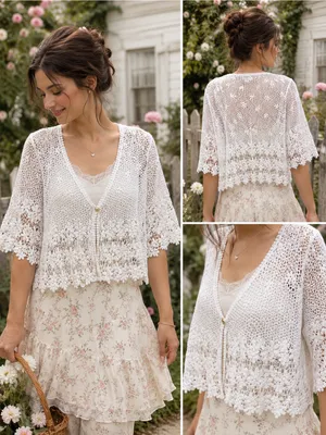 Vintage White Crochet Lace Cotton Cardigan Cover Up Women's XL Boho Cottagecore thumbnail 2