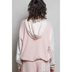POL Mixed Knit Contrast Print Sleeve Hoodie with Kangaroo Pocket - Pink - Small thumbnail 3