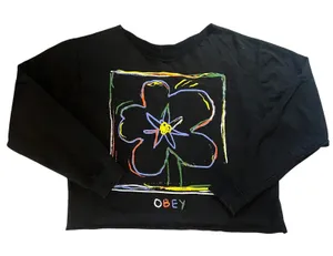 OBEY Floral Graphic Oversized Cropped Black‎ Cartoon Sweater Womens Large Skate thumbnail 1