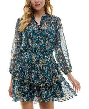 NWT City Studios Juniors Tiered Chiffon Fit & Flare Dress Teal Blue / Rust XL thumbnail 1