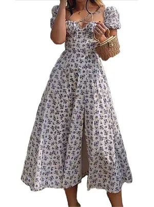 NEW Puff Sleeve High Split Maxi Dress Floral M thumbnail 1