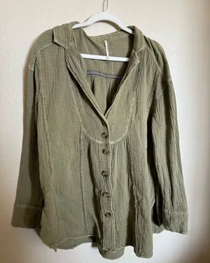 Free People all about the feels button down top tunic‎ shirt sz large in green thumbnail 1