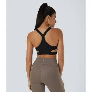 Halara Low Support Crossover Hem Cut Out Racerback Yoga Pilates Sports Bra Blk S thumbnail 6
