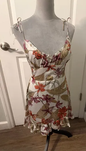 Shore Tie-Shoulder Floral Mini Dress in White with Orange & Pink Print, Sz S thumbnail 1