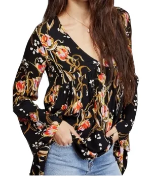 Free People‎ Bella Floral Babydoll Tunic Top Mini Dress Black V-Neck Size Medium thumbnail 1