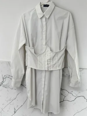 PRETTYLITTLETHING white corset overlay detail long sleeve shirt dress thumbnail 1