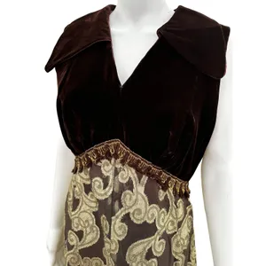 Brown and Gold Velvet and Lace Vintage Maxi Dress Med/Large thumbnail 3