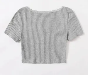 SheIn Lace Trim Button Front Rib Knit Tee thumbnail 3