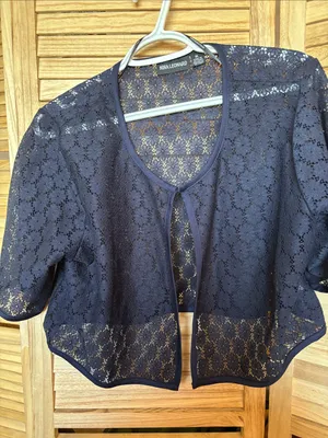 FINAL MARKDOWN Nina Leonard Dark Navy Floral Lace Open-Front Bolero XL thumbnail 1