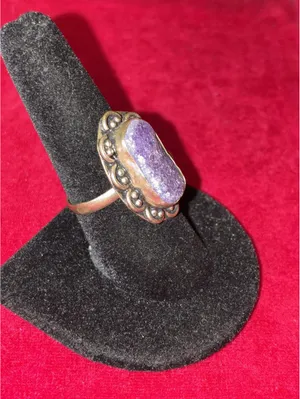 Vintage Boho Purple Purpurite Druzy Ring Antiqued Silver Tone Scalloped Border thumbnail 3