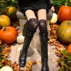 Black Thigh High Lace Top Stockings‎ Calf Socks with Warm Slim One Size thumbnail 12