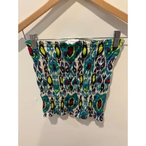 Anthropologie‎ Ikat Smocked Tube Top XS Teal Yellow Pink Cotton Strapless Crop thumbnail 3