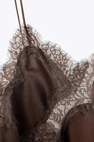 Zara Elegant Brown Lace Slip Satin Mini Asymmetric Dress blogger favorite thumbnail 12
