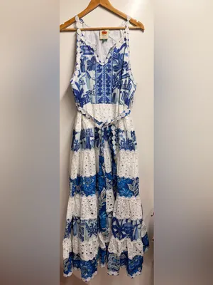 Farm Rio 100% cotton white blue tired maxi dress size xl thumbnail 7