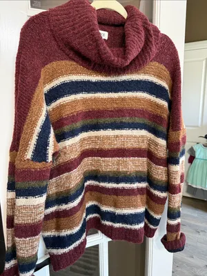 BKE Oversized Fuzzy Burgundy Stripe Cowlneck Sweater Med NWT GRANOLA GOBLINCORE thumbnail 2