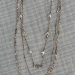 Gold-Tone Multi-Layer Stacked Chain Necklace With Faux Pearls & Heart Charms thumbnail 4