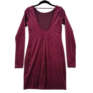 Forever 21 Velvet Dress S Burgundy Ribbed Bodycon Mini Long Sleeve Open Back NWT thumbnail 2