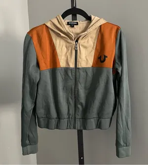 True Religion Color Block Cropped Zip Up Hoodie Size Large thumbnail 1