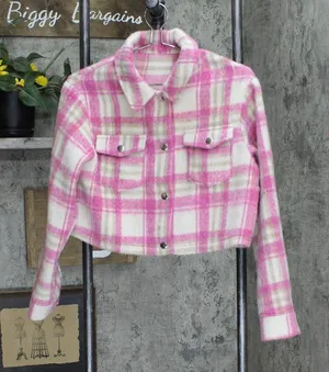 NEW Cropped Snap Front Long Sleeve Coat Jacket Pink Plaid See Measurements thumbnail 1