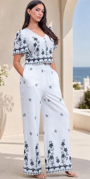 NWT White & Black Embroidered Two-Piece Wide-Leg Pants Set Small thumbnail 1