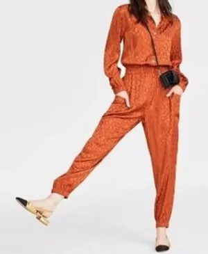 ON 34TH Animal Print Rayon Toasted Ginger Long Sleeves Pockets 1X Plus Jumpsuit thumbnail 1